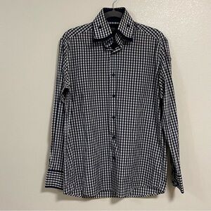 Coogi Collared Button Up Shirt Black blue plaid Size Medium